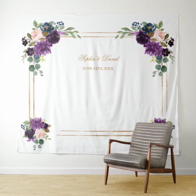 Lavender Floral Gold Frame Photo Booth Backdrop Tapestry (In Situ (Horizontal))
