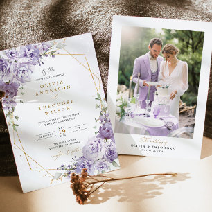 Lavender Floral Gold Geometric Photo Back Wedding Invitation