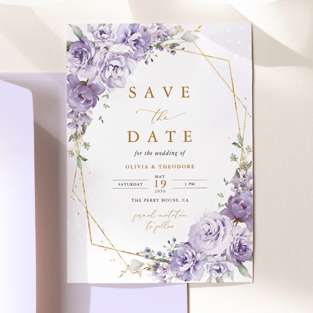 Lavender Floral Gold Geometric Wedding Save The Date (Lavender Floral Gold Geometric Wedding Save the Date Card, Elegant Purple Rose Save the Date)