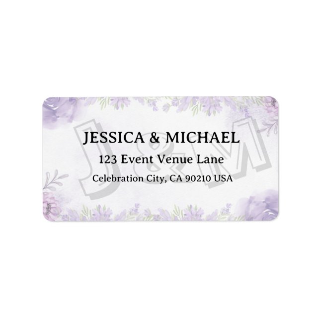 Lavender Floral Gold Script Wedding Address Label (Front)