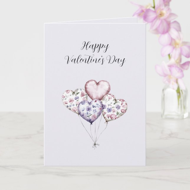 Lavender Floral Heart Balloons Valentine's Day Card (Orchid)
