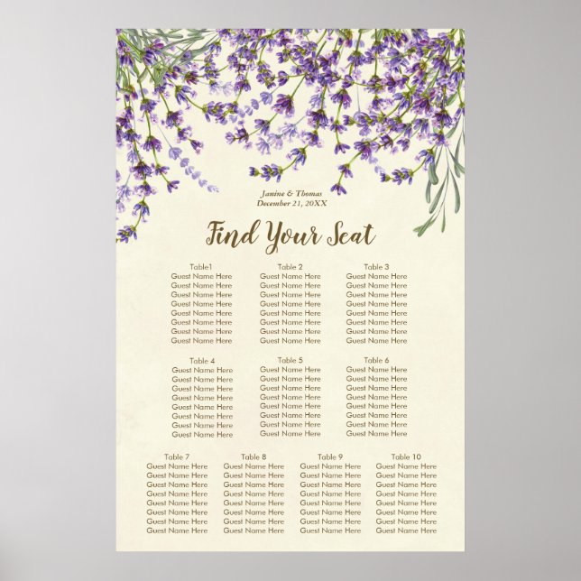 lavender floral ivory wedding seating chart plan (Front)