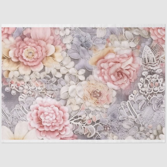 Lavender Floral & Lace Decoupage Tissue Paper (Front)