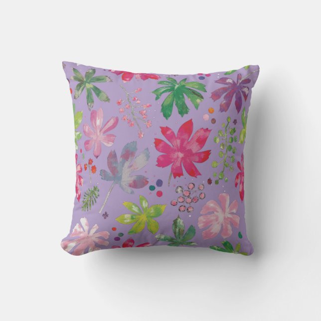 Lavender Floral Leaf Pattern Throw Pillow (Front)