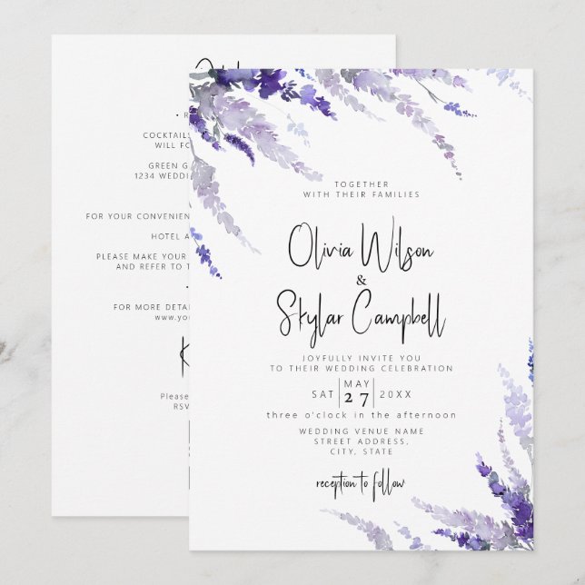 Lavender Floral Lilac QR Code All In One Wedding Invitation (Front/Back)