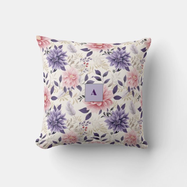 Lavender floral  pattern monogram throw pillow (Front)