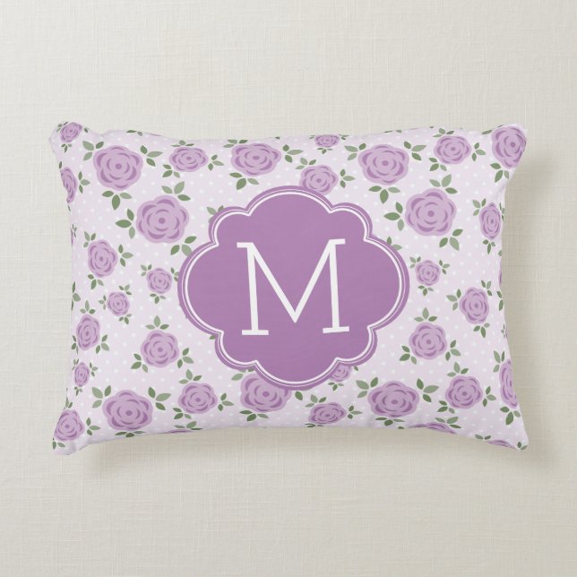 Lavender Floral Pattern Monogrammed Decorative Pillow (Front)