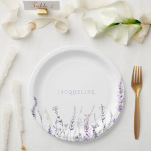 Lavender Floral Personalized Name Shower Paper Plate