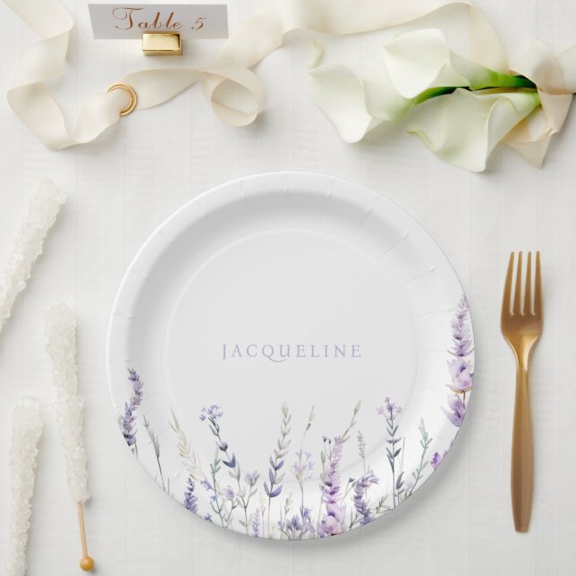 Lavender Floral Personalized Name Shower Paper Plate (Wedding)
