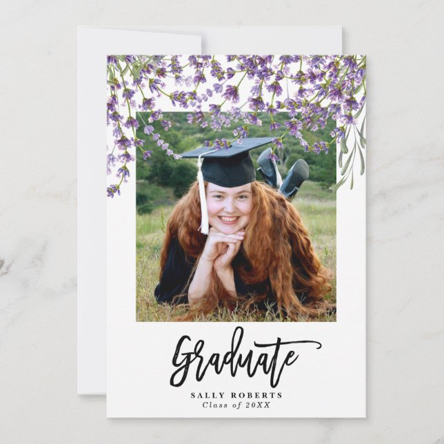 lavender floral photo graduation party invitation (Front)