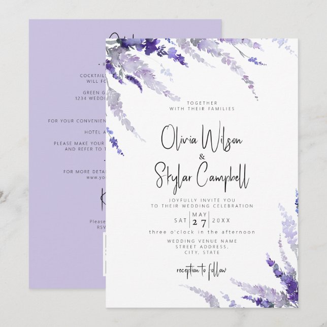 Lavender Floral Purple QR Code All In One Wedding Invitation (Front/Back)