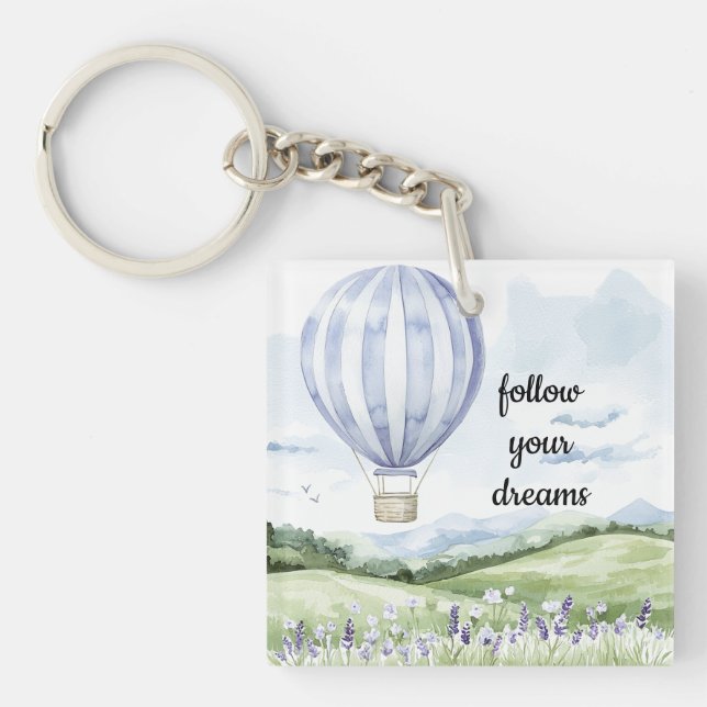 Lavender Floral Purple White Hot Air Balloon Keychain (Front)