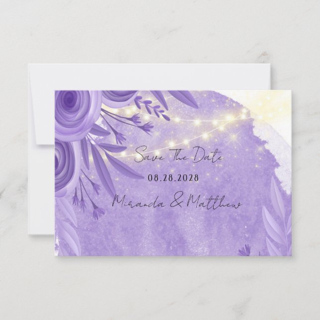 Lavender Floral String of Light Save The Date Card (Front)
