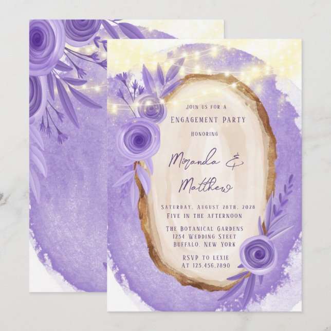 Lavender Floral String Of Lights Engagement Party Invitation (Front/Back)