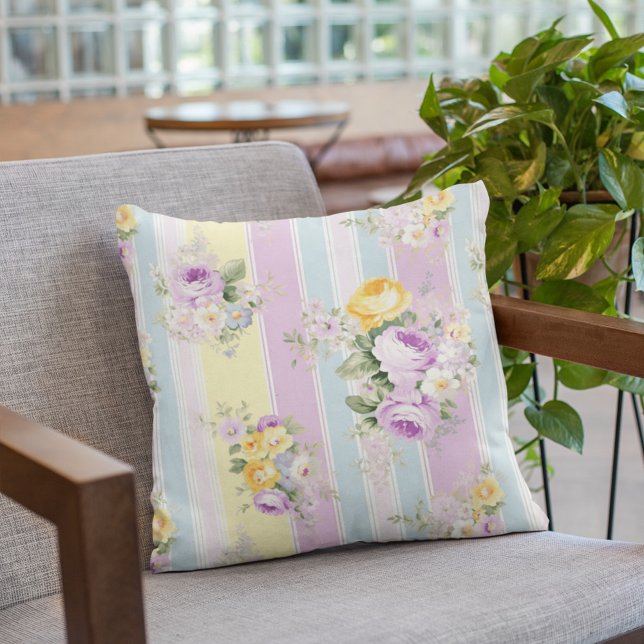 Lavender Floral Striped Throw Pillow (Creator Uploaded)