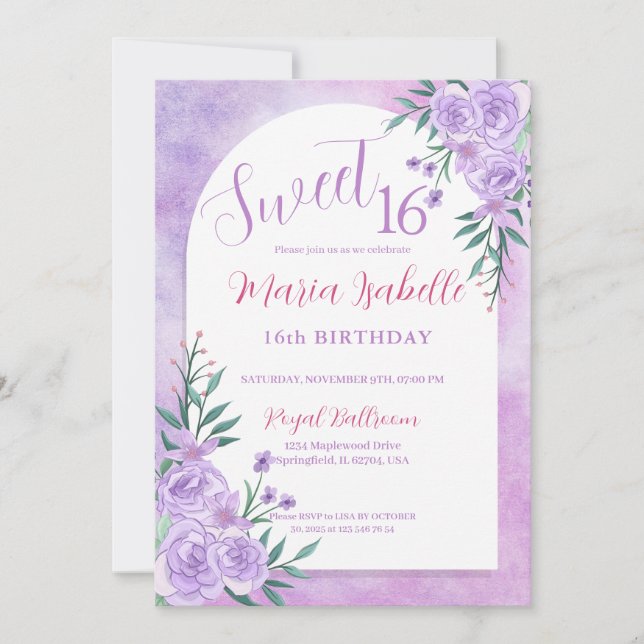 Lavender Floral Sweet 16 Birthday Invitation (Front)