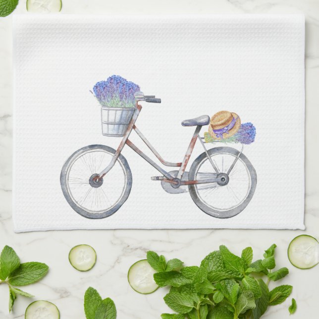 Lavender Floral Vintage Bicycle Farmhouse  Kitchen Towel (Folded)