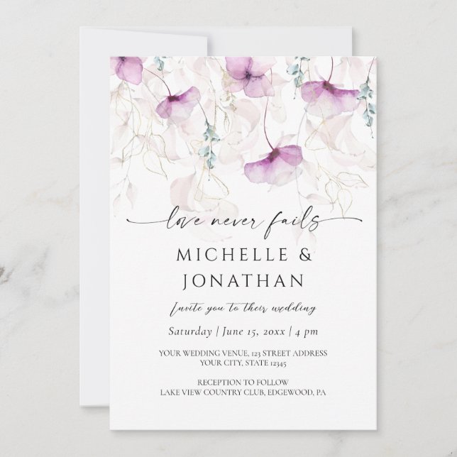 Lavender Floral Watercolor Bible Christian Wedding Invitation (Front)