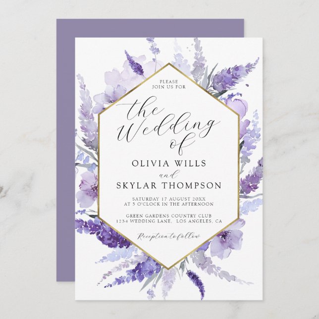 Lavender Floral Watercolor Golden Frame Wedding  Invitation (Front/Back)