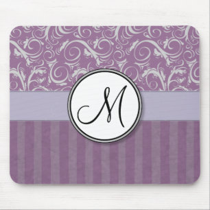 Lavender Floral Wisps & Stripes with Monogram Mouse Pad
