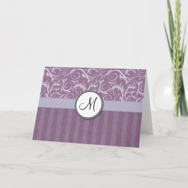 Lavender Floral Wisps & Stripes with Monogram Note Card (Front)