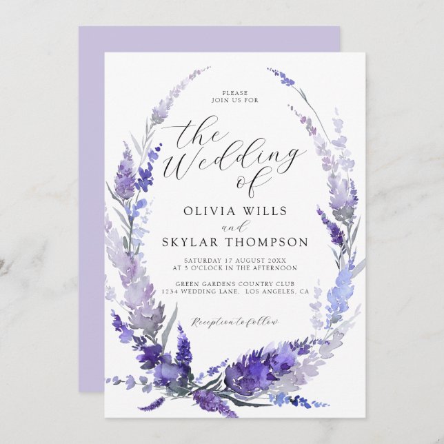 Lavender Floral Wreath Botanical Mauve Wedding  Invitation (Front/Back)