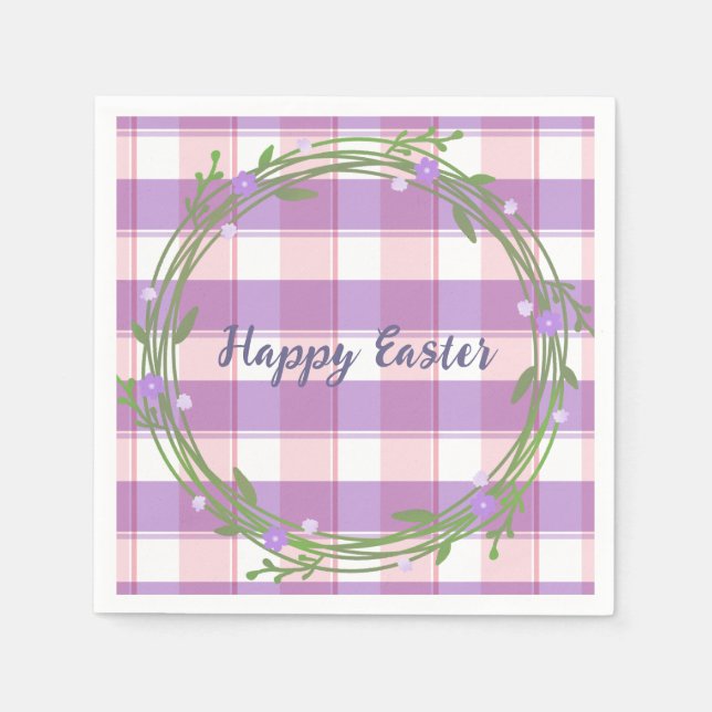 Lavender Floral Wreath Pink Check Custom Easter  Napkin (Front)