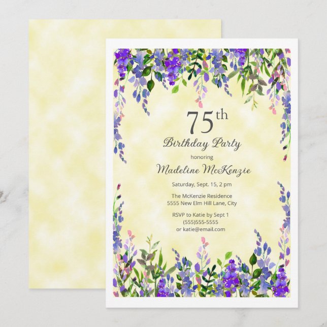 Lavender Floral Yellow 75th Birthday Party  Invitation (Front/Back)
