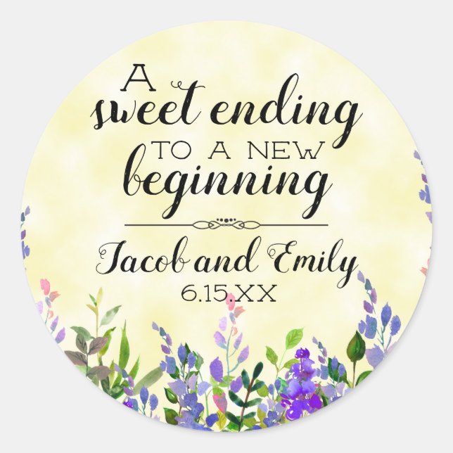 Lavender Floral Yellow Wedding Favour Envelope Classic Round Sticker (Front)