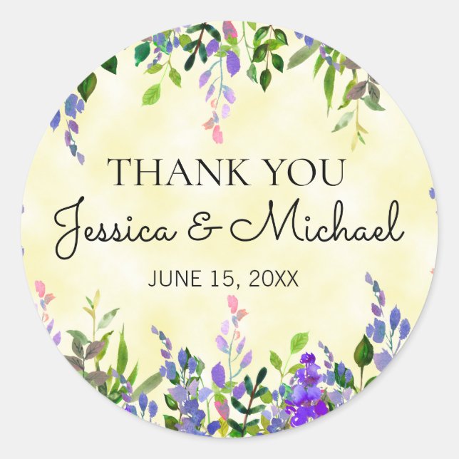 Lavender Floral Yellow Wedding Thank You Sticker (Front)