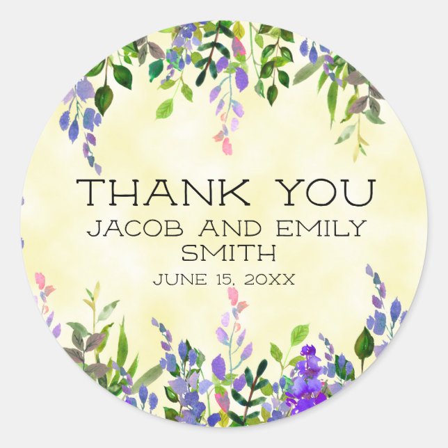 Lavender Floral Yellow Wedding Thank You Sticker (Front)