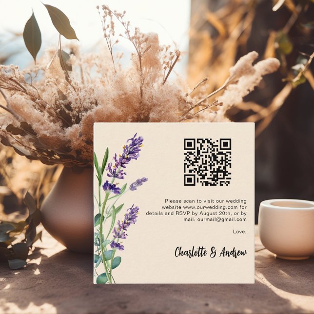 Lavender florals beige QR code wedding RSVP Enclosure Card (Creator Uploaded)