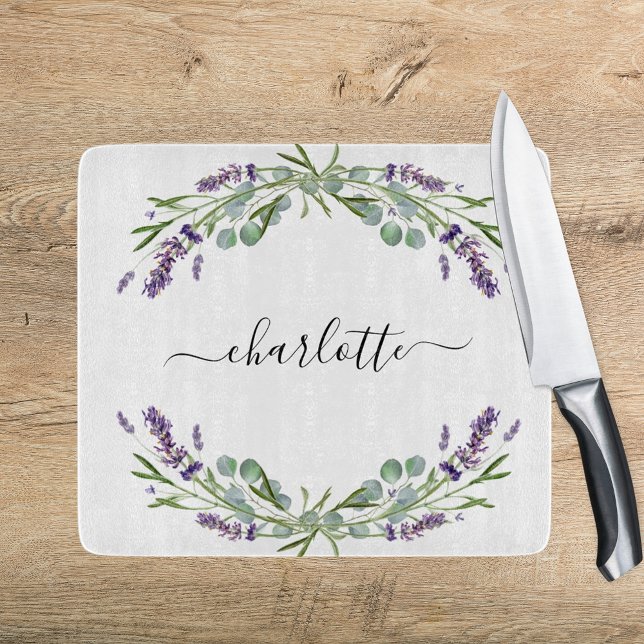 Lavender florals eucalyptus greenery name cutting board (Creator Uploaded)