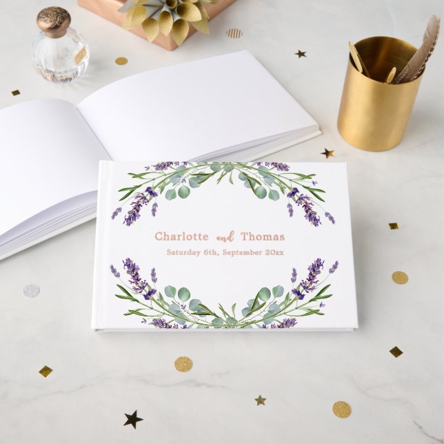 Lavender florals eucalyptus rose gold wedding  guest book (Front Open)