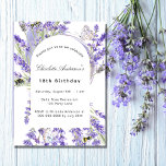 Lavender florals white violet birthday party invitation<br><div class="desc">A stylish white background. Decorated with lavender floral arch frame with bees.  Personalize and add a name and details.</div>