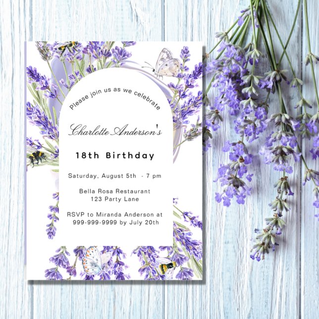 Lavender florals white violet birthday party invitation (Creator Uploaded)