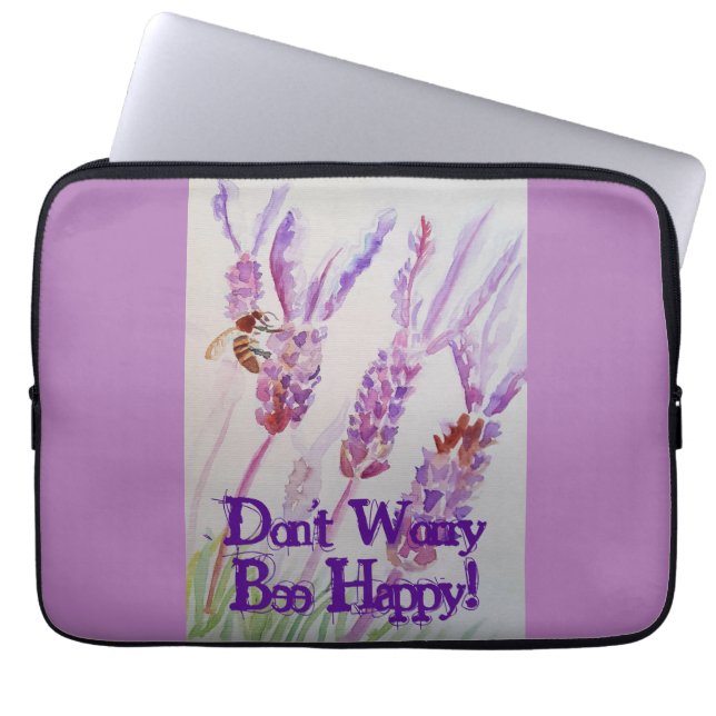 Lavender Flower and Bee Watercolor Be Happy Laptop Sleeve (Front)