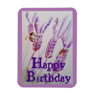 Lavender Flower and Bee Watercolor Birthday Card Magnet