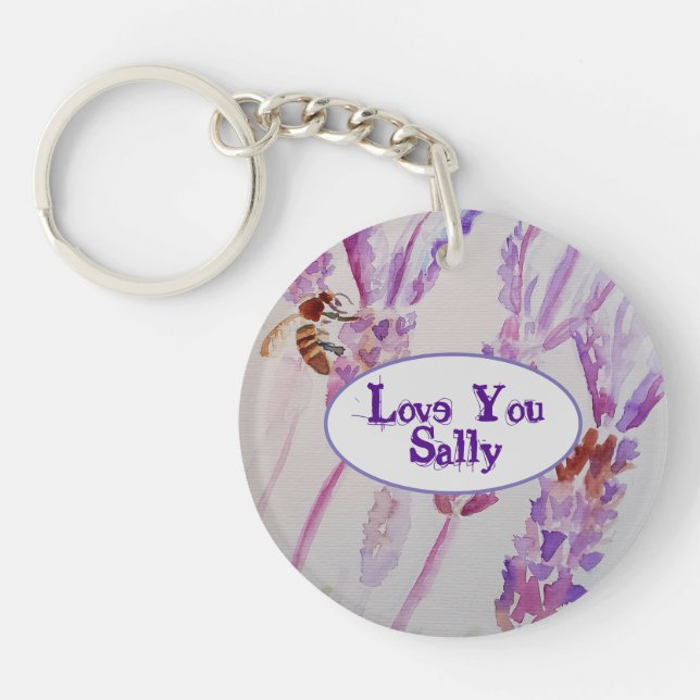 Lavender Flower and Bee Watercolor Birthday Keychain (Front)