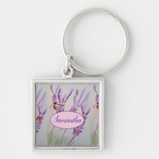 Lavender Flower and Bee Watercolor Birthday Mug Ke Keychain (Front)