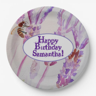 Lavender Flower and Bee Watercolor Birthday Paper Plate