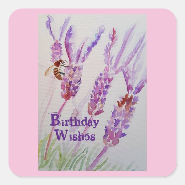 Lavender Flower and Bee Watercolor Birthday  Square Sticker (Front)