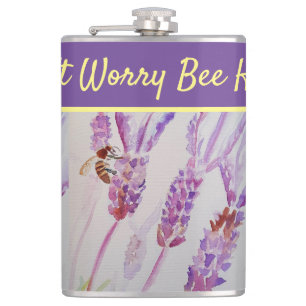Lavender Flower Don't Worry Bee Happy Purple Hip Flask
