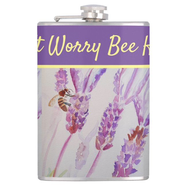 Lavender Flower Don't Worry Bee Happy Purple Hip Flask (Front)