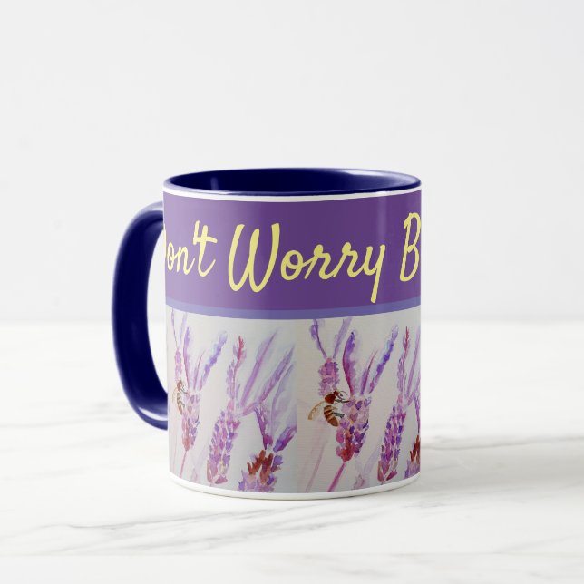 Lavender Flower Don't Worry Bee Happy Purple Mug (Front Left)
