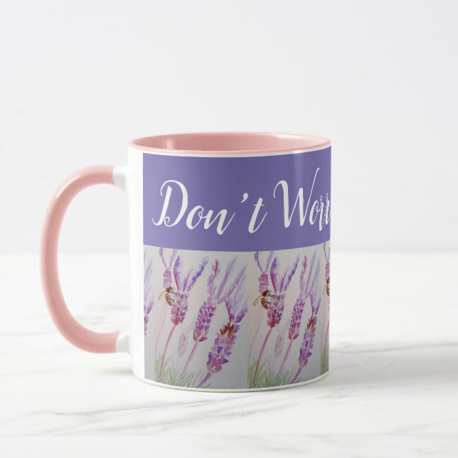 Lavender Flower Don't Worry Bee Happy Purple Mug (Left)