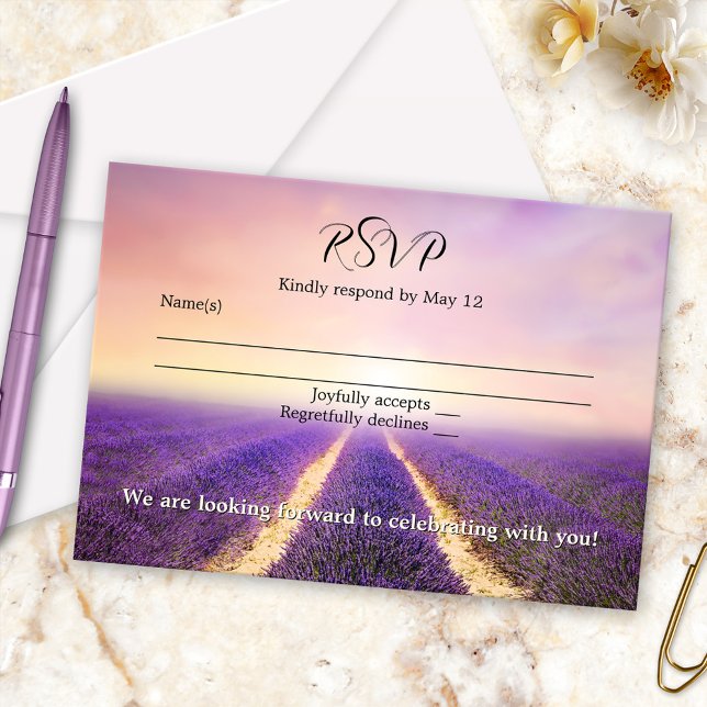 Lavender Flower Field Country Wedding RSVP Card (Wedding RSVP card featuring a painting of a lavender flower field in dreamy lilac, violet and purple)