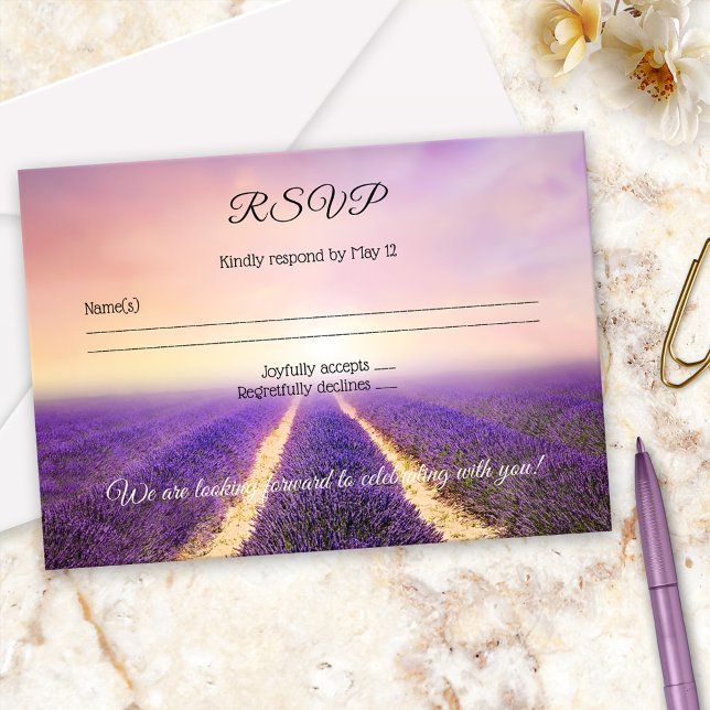 Lavender Flower Field Country Wedding RSVP Card (RSVP card featuring a painting of a lavender flower field in dreamy purple, lilac and lavender)