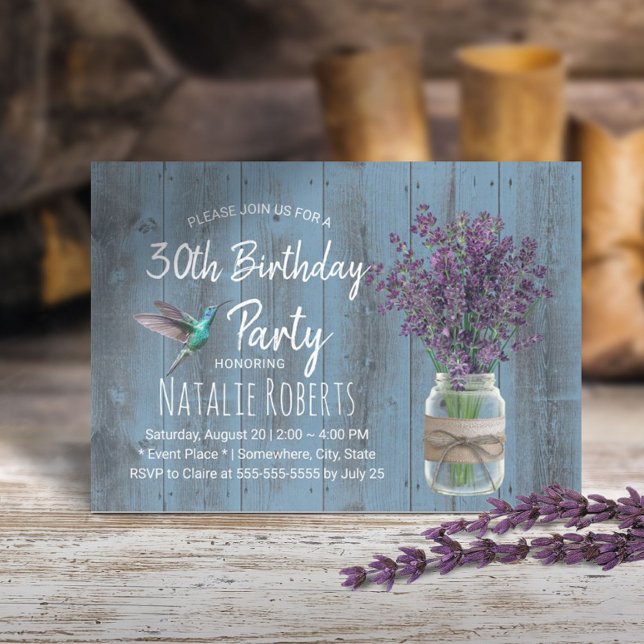 Lavender Flower & Hummingbird Dusty Blue Birthday Invitation (Creator Uploaded)