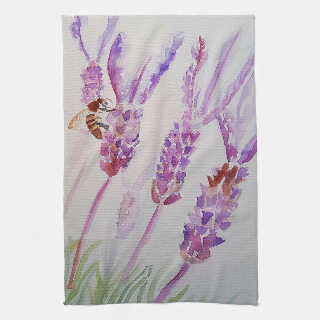 Lavender Flower Purple Watercolour and Bee Kitchen Towel (Vertical)